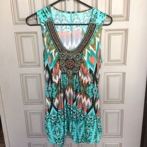 Unbranded Summer Stretchy Blouse Beaded Native American Print Sleeveless Pre-Own